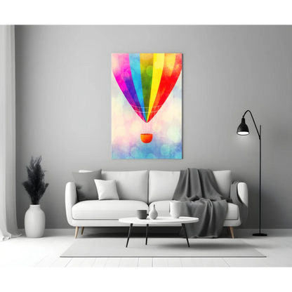 Vibrant rainbow hot air balloon wall art canvas print with watercolor glow