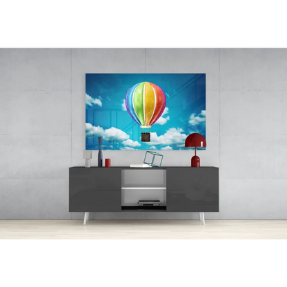 Vibrant rainbow hot air balloon wall art print on canvas