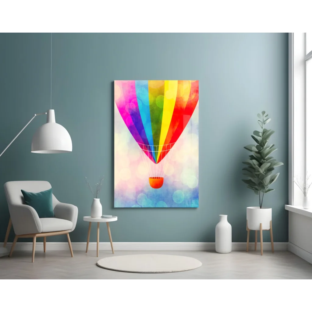 Vibrant rainbow hot air balloon canvas wall art on teal wall