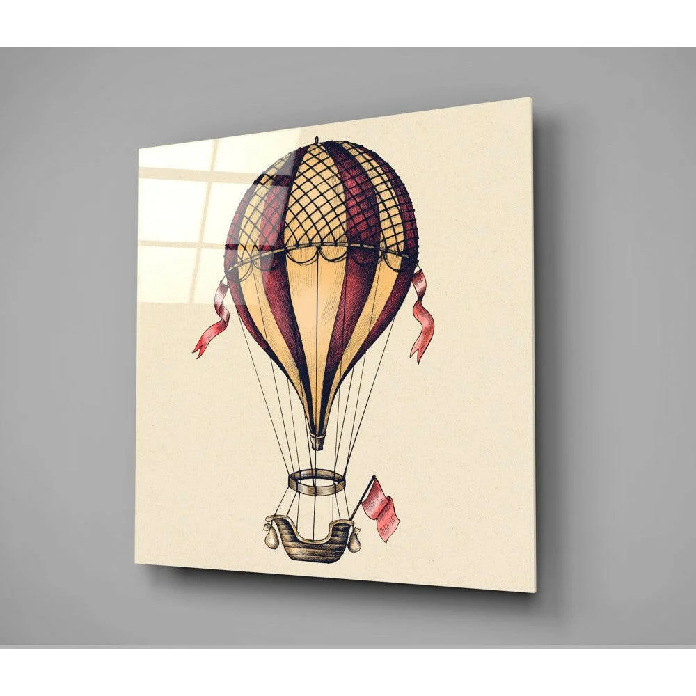 Vintage hot air balloon glass wall art panel illustration