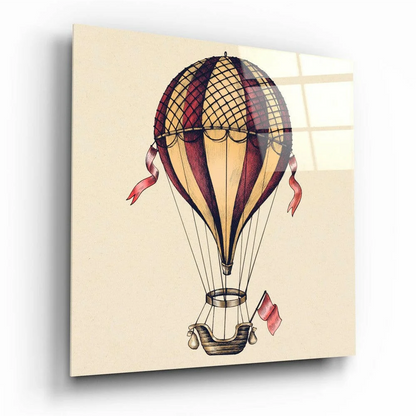 Vintage hot air balloon on glass wall art panel with maroon stripes