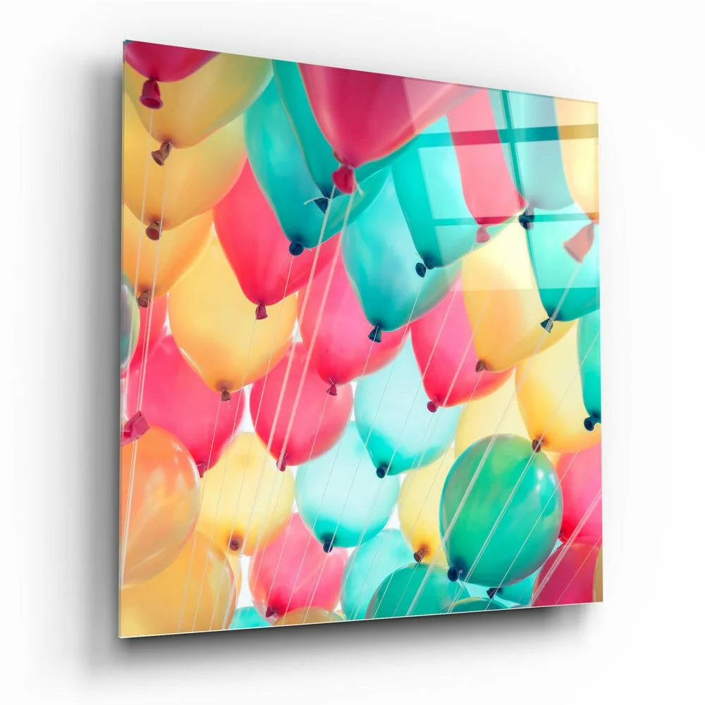 Vibrant multicolored balloon glass wall art on glossy acrylic panel