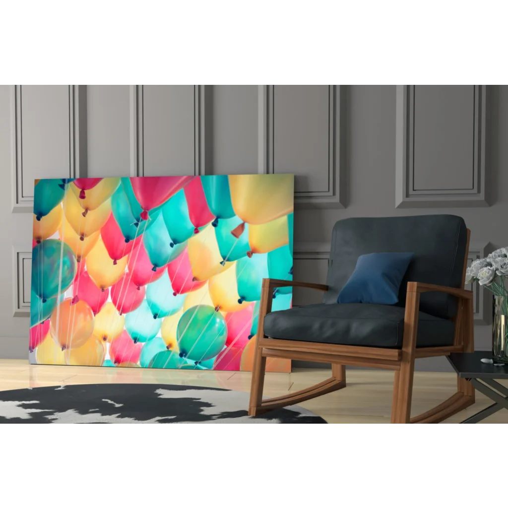 Vibrant colorful balloon burst wall art canvas print in pink teal yellow green