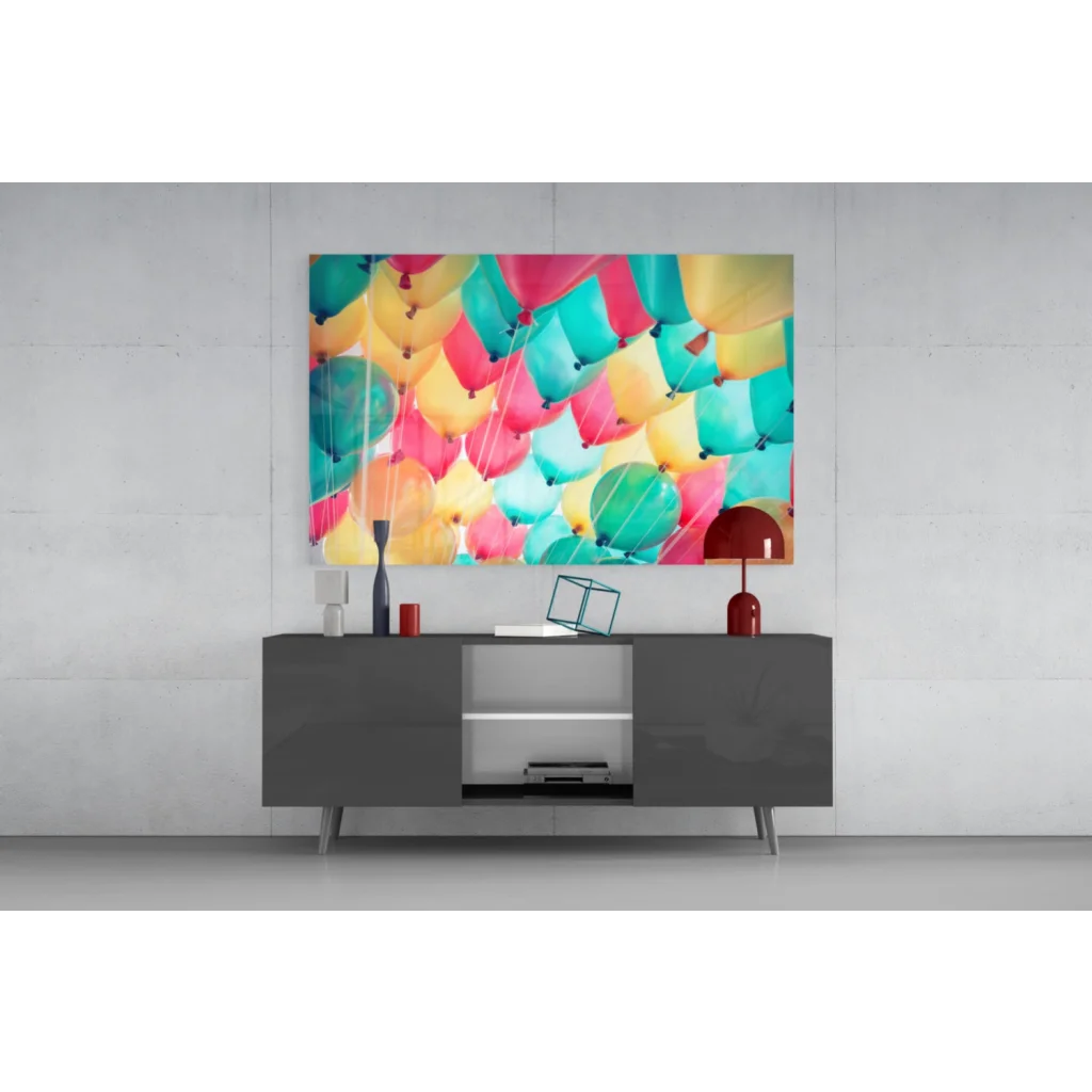 Vibrant colorful balloon burst wall art canvas print in teal, yellow, pink, orange