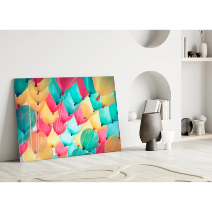 Vibrant colorful balloon burst wall art canvas print in pink teal yellow orange