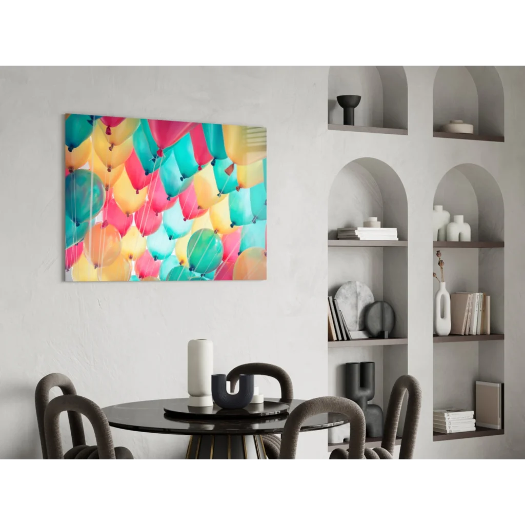 Vibrant colorful balloon burst canvas wall art print in teal pink yellow orange