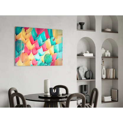 Vibrant colorful balloon burst canvas wall art print in teal pink yellow orange