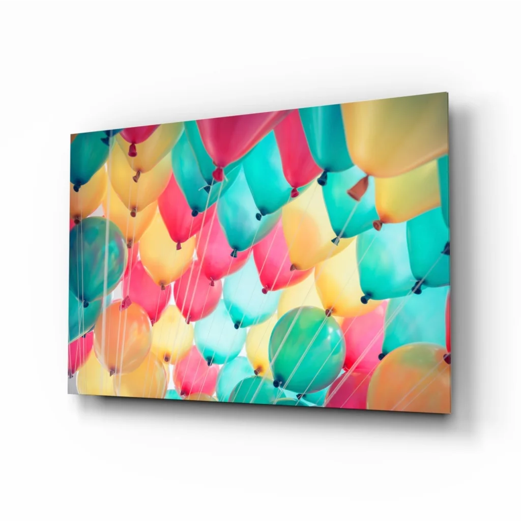 Vibrant colorful balloon burst wall art canvas print in pink teal yellow orange