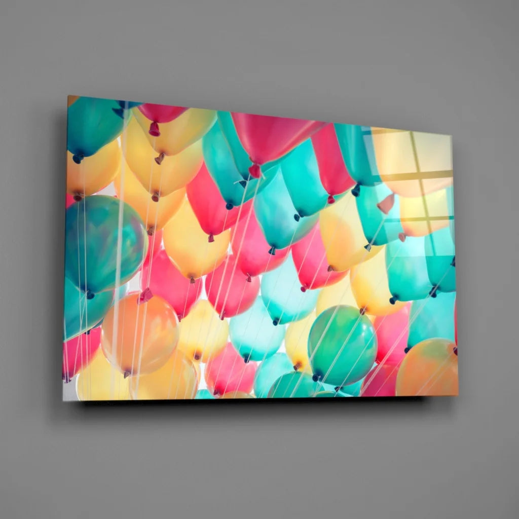 Vibrant colorful balloon burst wall art canvas print in teal pink yellow
