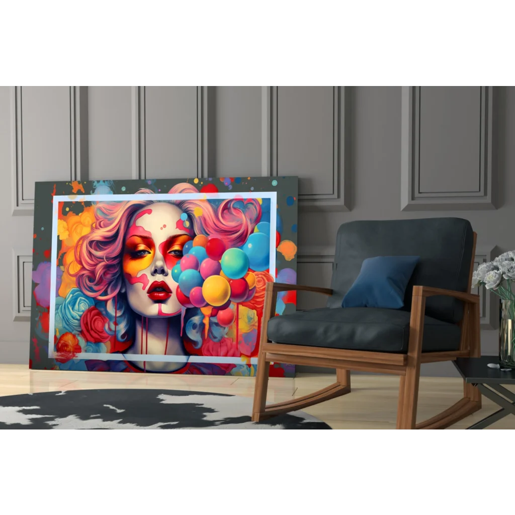 Vibrant pop art woman glass wall art with swirling pink hair