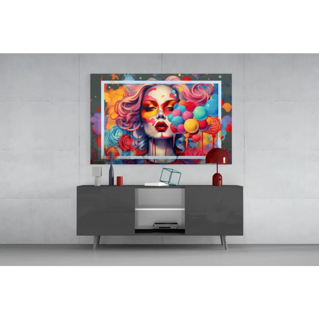 Pop art woman glass wall art with swirling pink hair and balloons