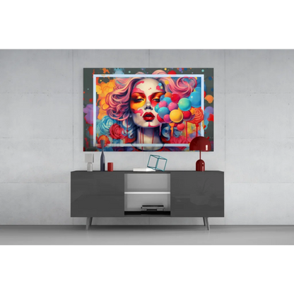 Pop art woman glass wall art with swirling pink hair and balloons