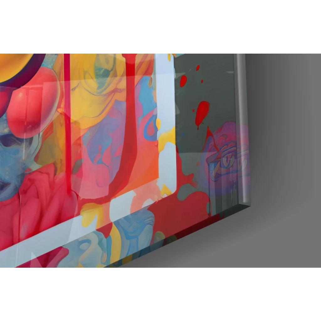 Vibrant pop art woman glass wall art with swirling pink hair in silver frame