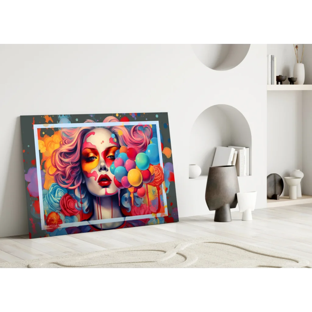 Vibrant pop art woman glass wall art with swirling pink hair and balloons