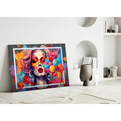 Vibrant pop art woman glass wall art with swirling pink hair and balloons