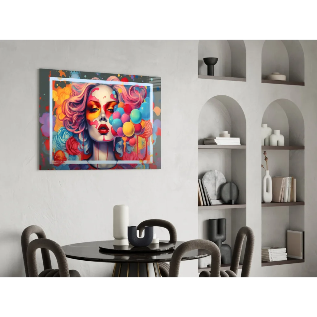 Vibrant pop art woman glass wall art with swirling pink hair and balloons