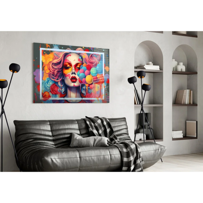 Vibrant pop art woman glass wall art with swirling pink hair and balloons