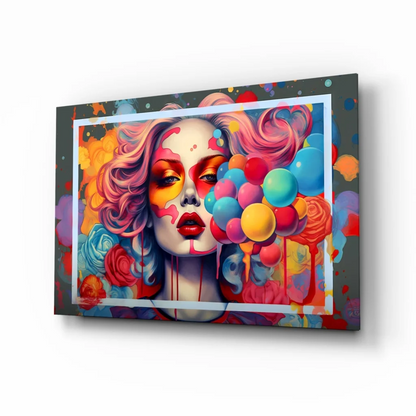 Vibrant pop art woman glass wall art with swirling pink hair