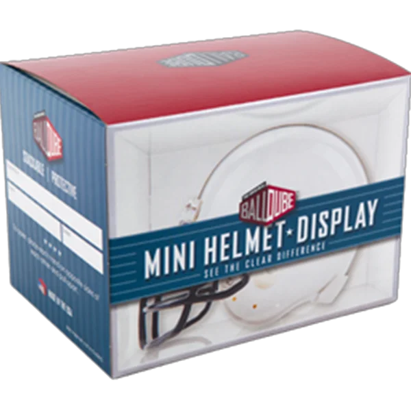 BallQube mini helmet display case with white helmet and red accents