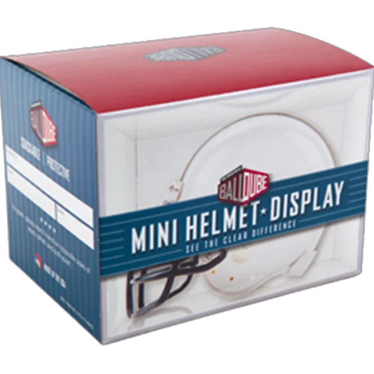 BallQube mini helmet display case with white helmet and red accents