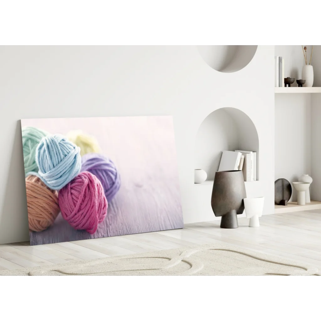 Vibrant colorful yarn balls canvas wall art print in blues pinks purples oranges