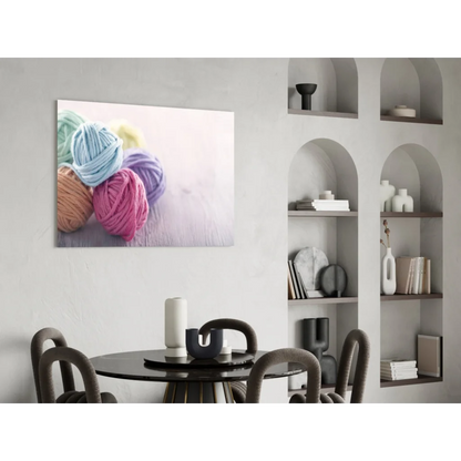 Vibrant colorful yarn balls wall art canvas print in blue pink purple orange
