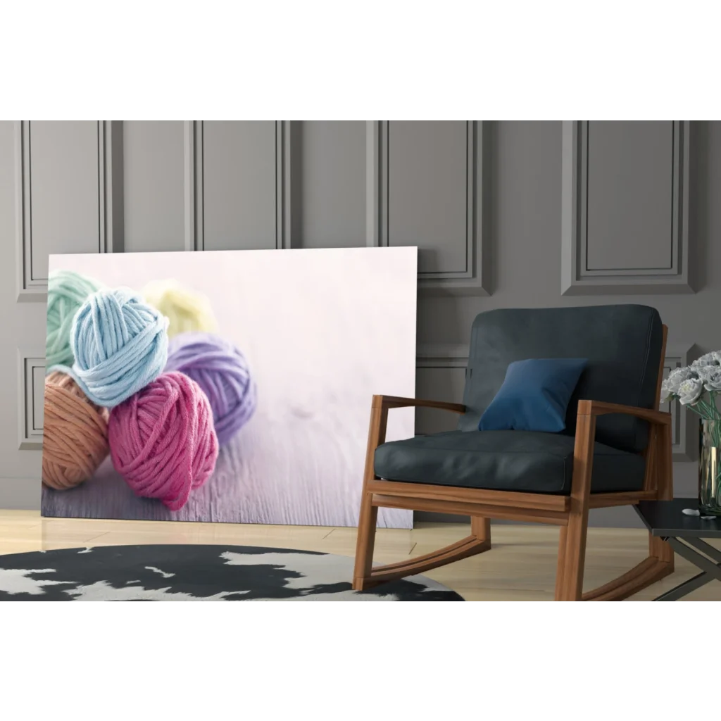 Vibrant colorful yarn balls wall art canvas print in blue pink purple beige