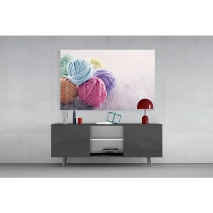 Vibrant colorful yarn balls wall art canvas print in blues, pinks, purples, oranges