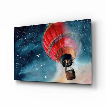 Vibrant red hot air balloon in cosmic starry sky wall art canvas print
