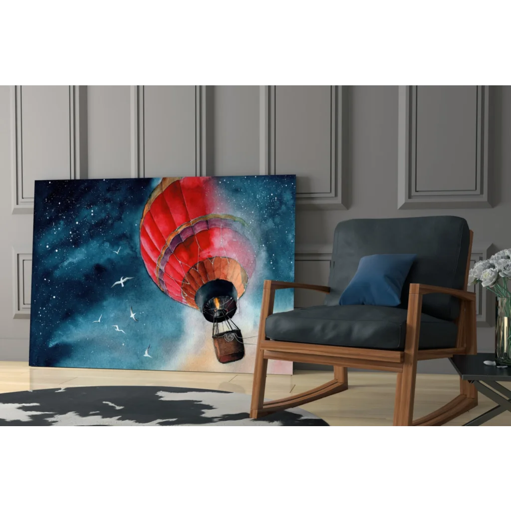 Vibrant red orange hot air balloon canvas wall art under starry blue sky