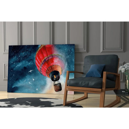 Vibrant red orange hot air balloon canvas wall art under starry blue sky