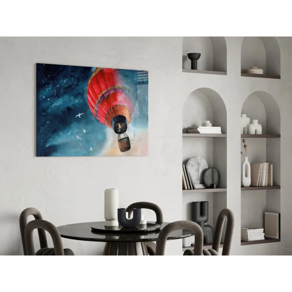 Vibrant red orange hot air balloon wall art canvas print on starry blue sky