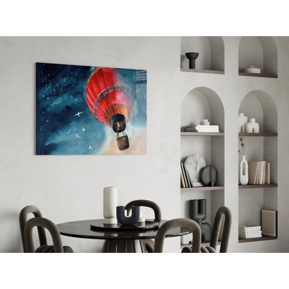 Vibrant red orange hot air balloon wall art canvas print on starry blue sky