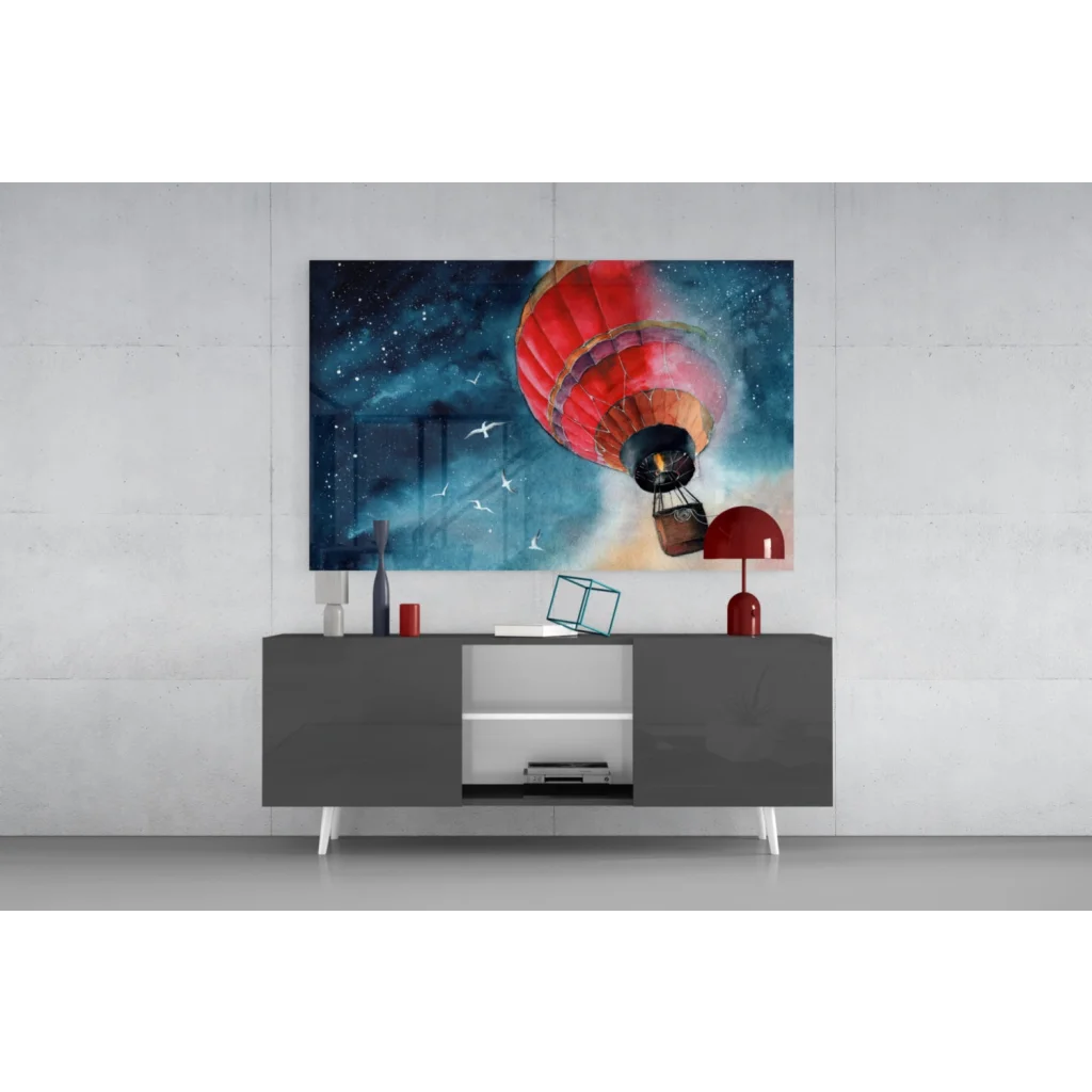 Vibrant red hot air balloon wall art canvas print with starry blue sky