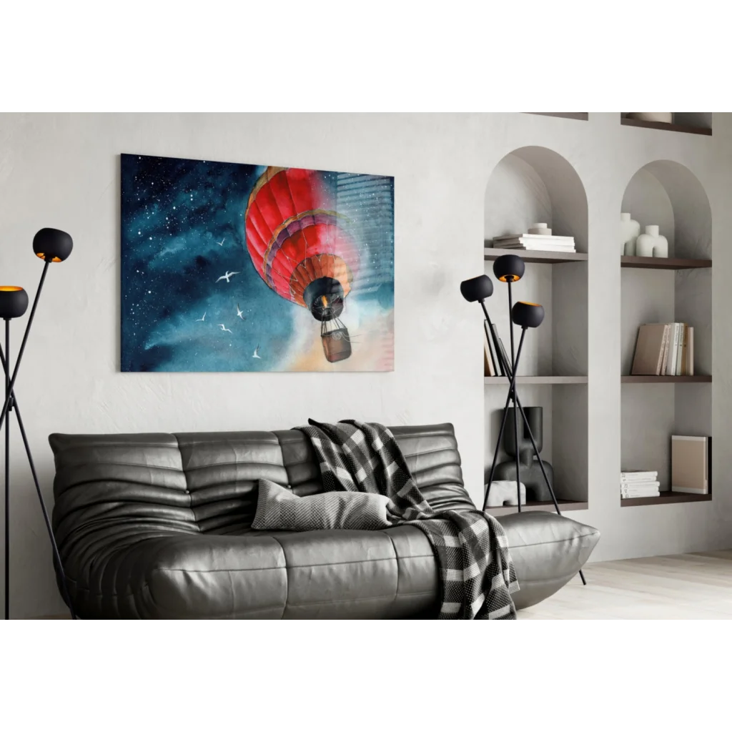 Vibrant red orange hot air balloon wall art canvas with birds starry sky