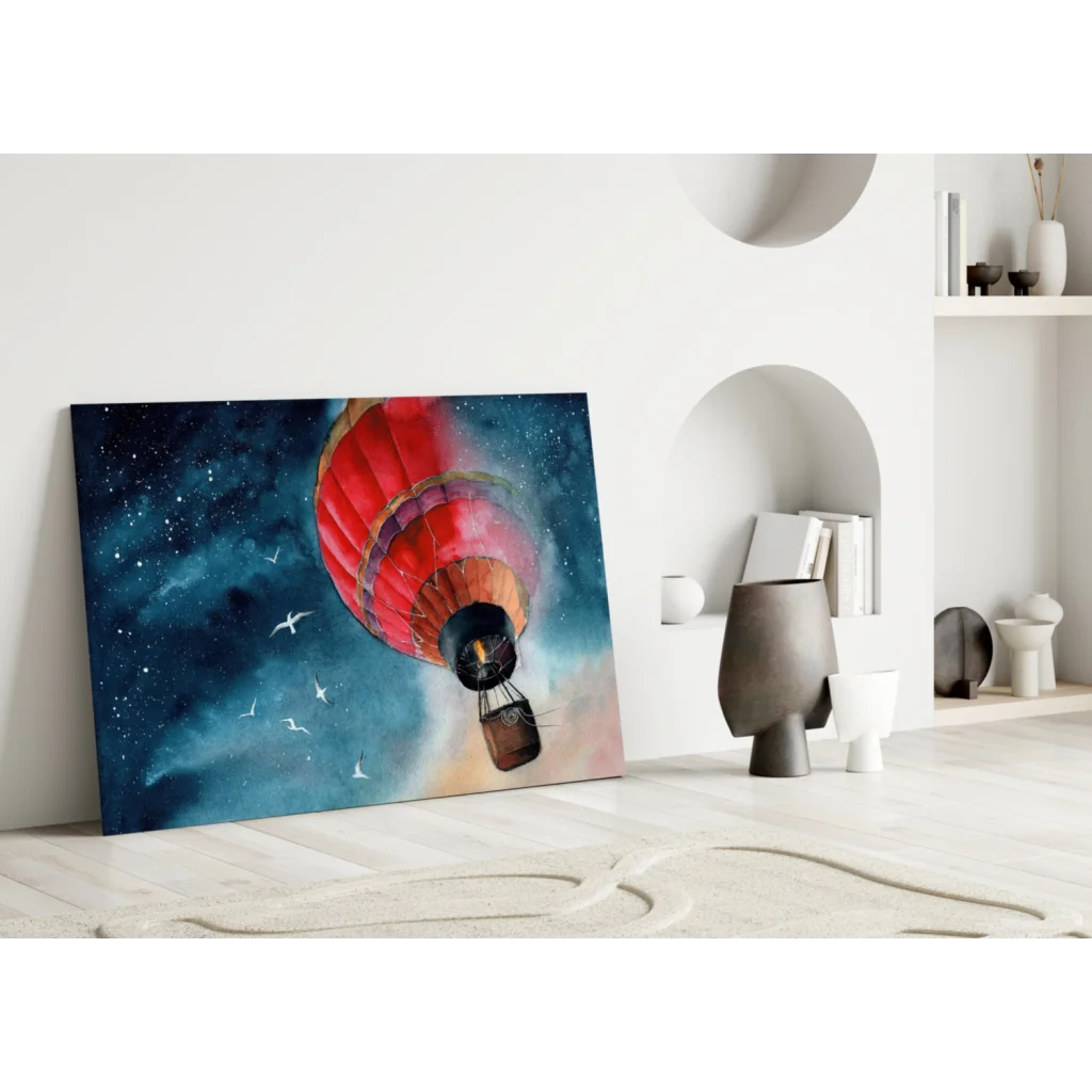 Vibrant red orange hot air balloon wall art canvas print in cosmic starry sky