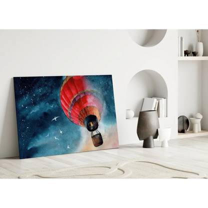 Vibrant red orange hot air balloon wall art canvas print in cosmic starry sky