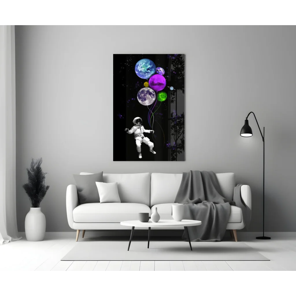 Vibrant astronaut floating among glowing planets wall art canvas print
