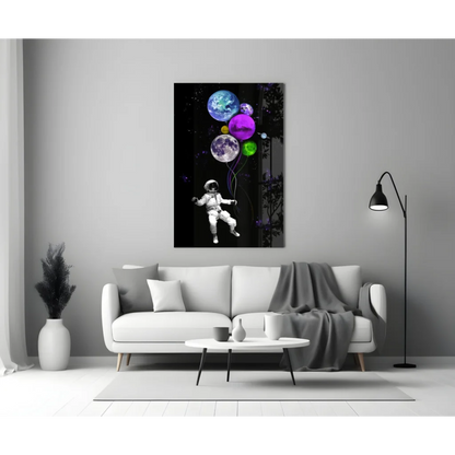 Vibrant astronaut floating among glowing planets wall art canvas print