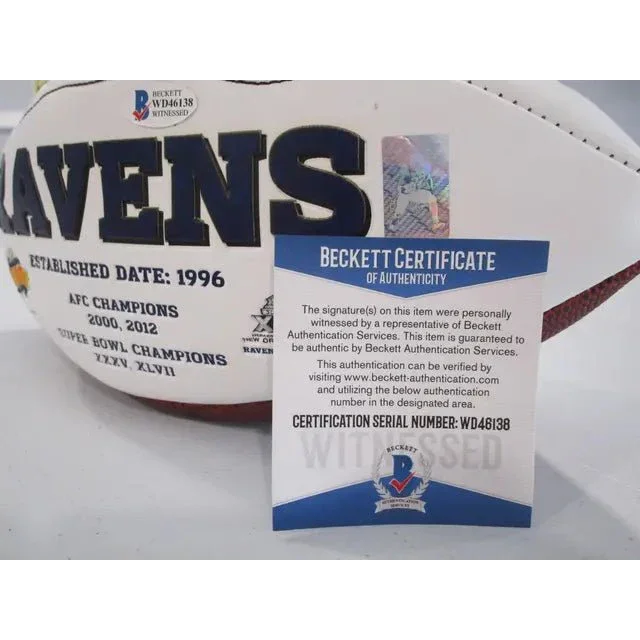 White Baltimore Ravens signed autographed logo football with Beckett COA and championship details