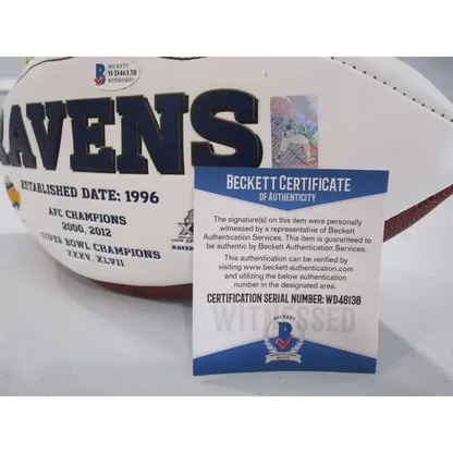 White Baltimore Ravens signed autographed logo football with Beckett COA and championship details