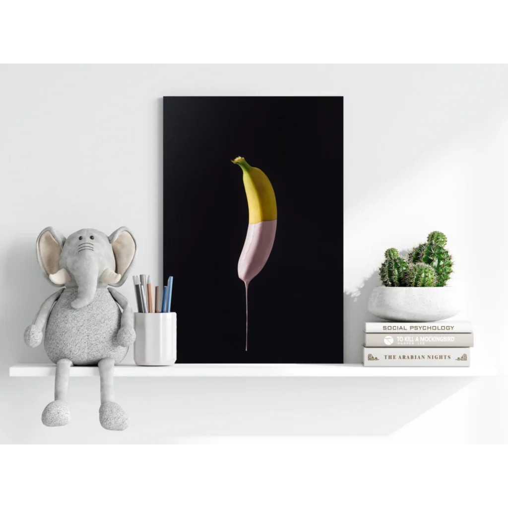 Vibrant pop art banana in yellow and pink on insigne aluminum prints