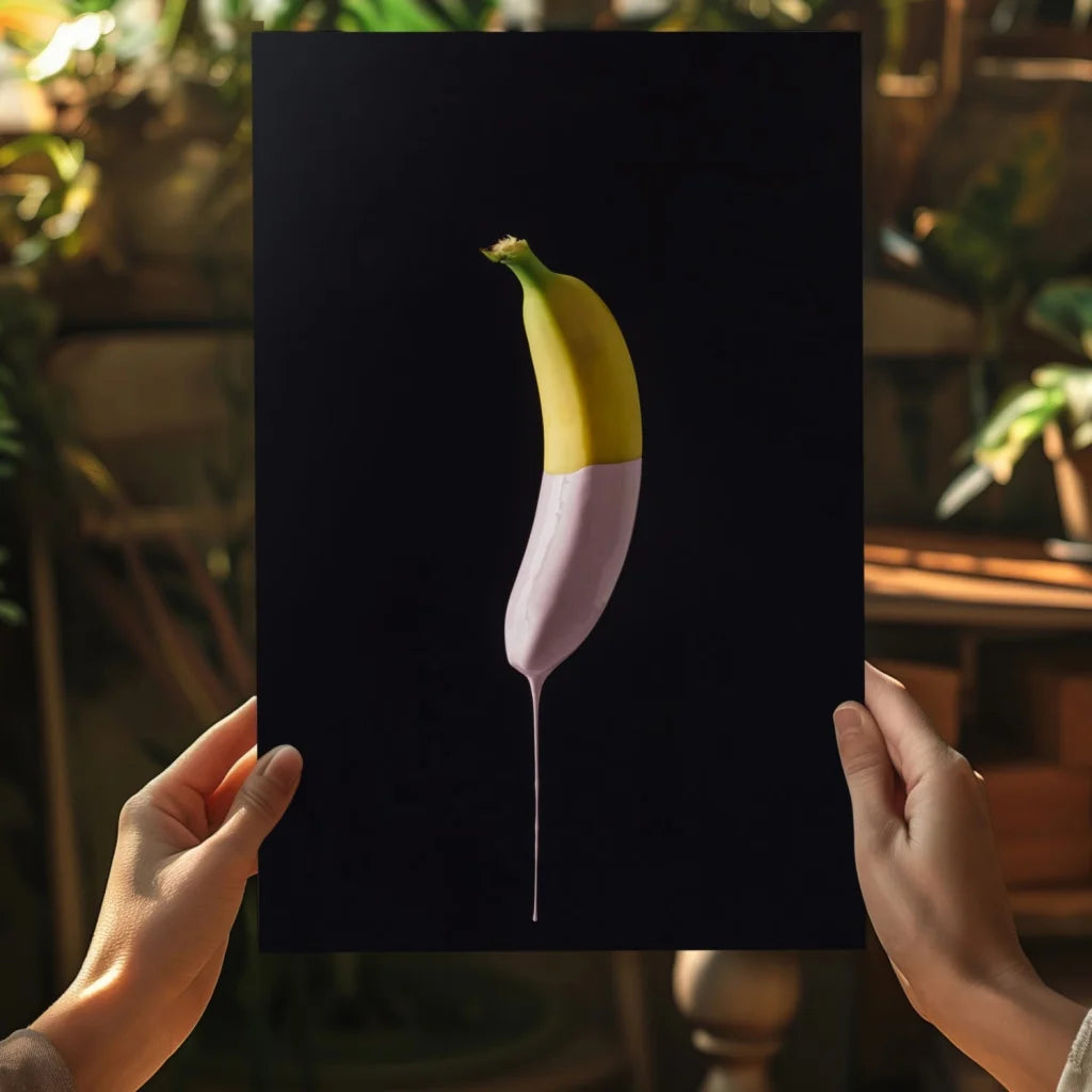 Surreal half-yellow half-pink banana dripping paint on black, Vibrant Pop Art Banana Insigne Aluminum Prints