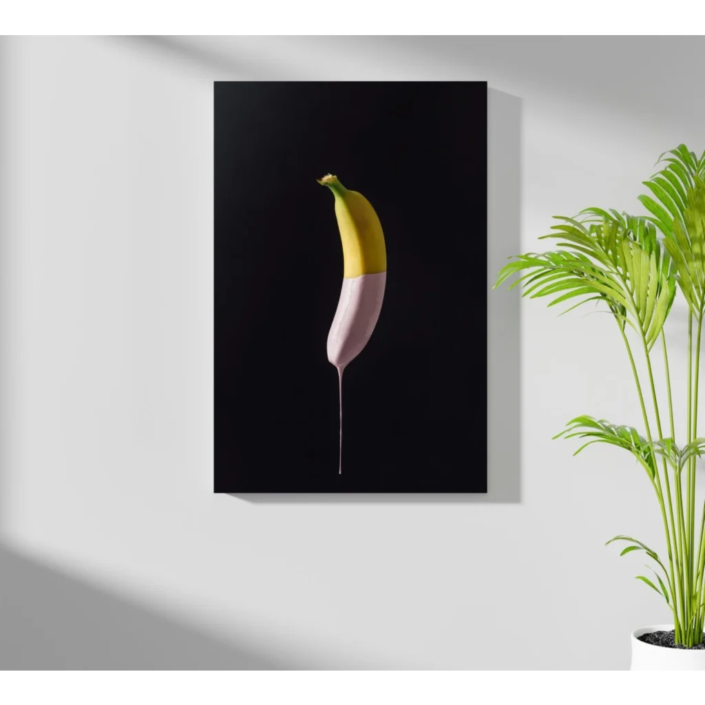 Vibrant pop art banana on insigne aluminum prints, yellow top pink bottom black background