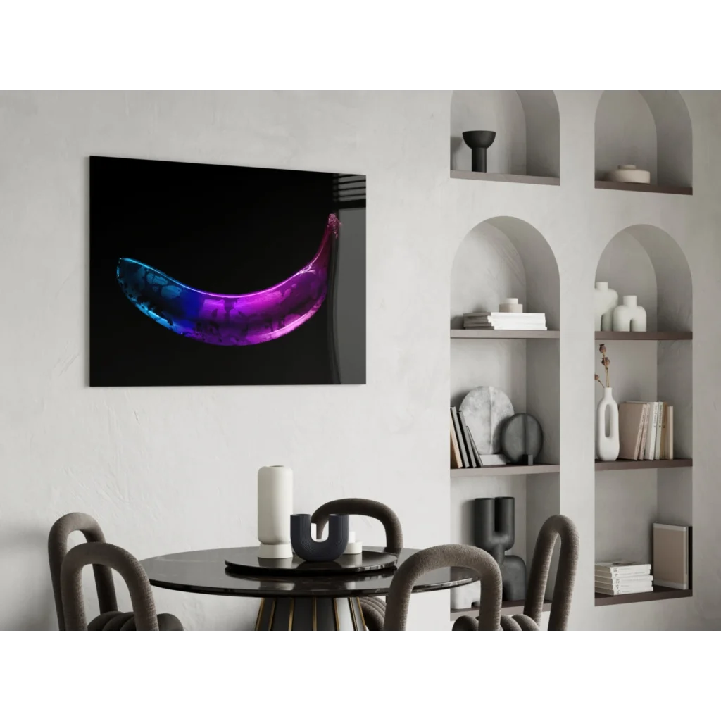 Vibrant iridescent glowing neon banana glass wall art in purple blue on black