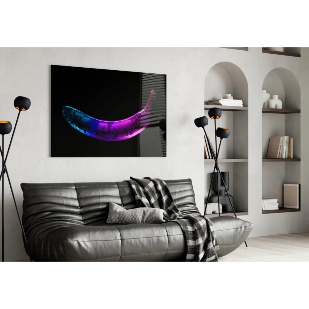 Glowing Neon Banana Glass Wall Art in Electric Purple Blue | Contemporary Home Wall Art | vintageantiquesgifts.com