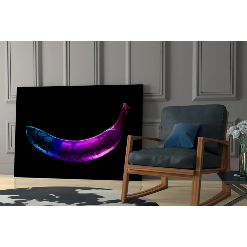 Vibrant iridescent banana glass wall art in electric purple blue gradient
