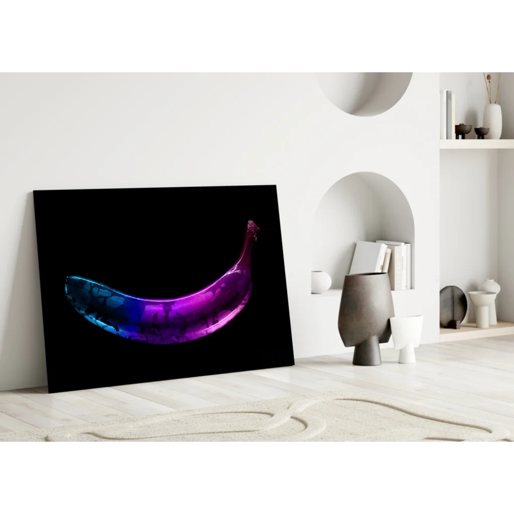 Glowing Neon Banana Glass Wall Art in Electric Purple Blue | Modern Wall Art Decor | vintageantiquesgifts.com