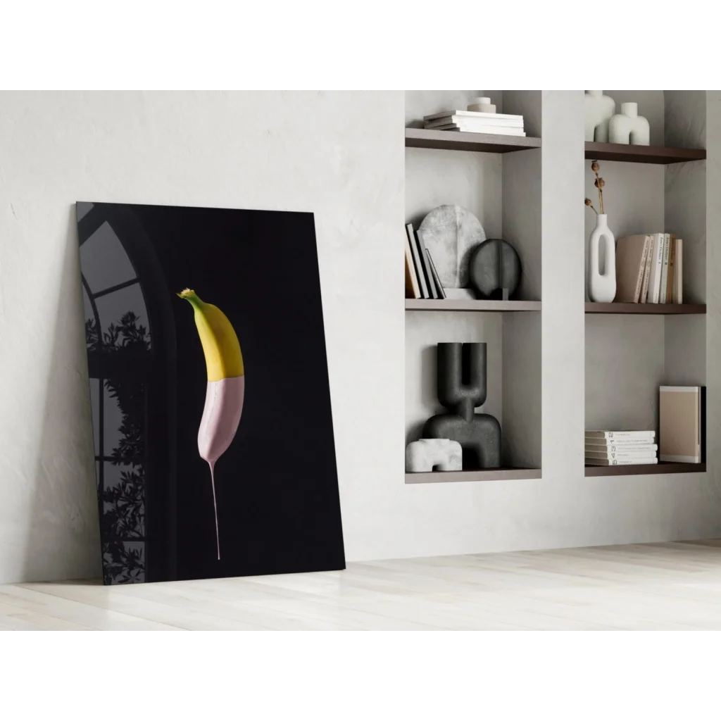 Vibrant gradient banana glass wall art print on black canvas