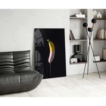 Vibrant two-toned banana glass wall art print in yellow and pink